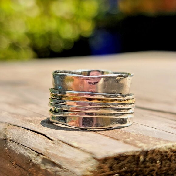 Sterling silver 9k gold marked tested hand hammered fidget ring band sz 6-6.5 - Picture 1 of 5